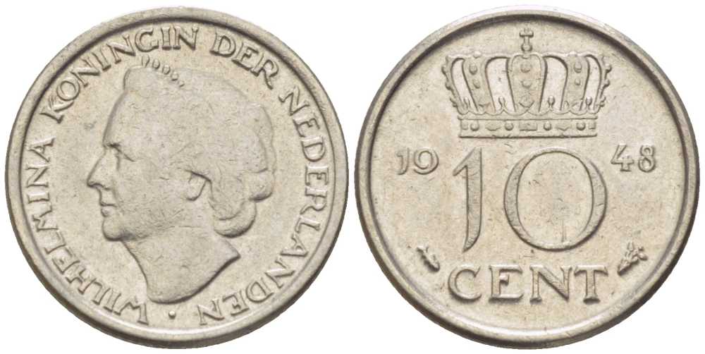 Нидерланды 10 центов 1948 Вильгельмина (1895-1948) KM 177 никель 214-1129
