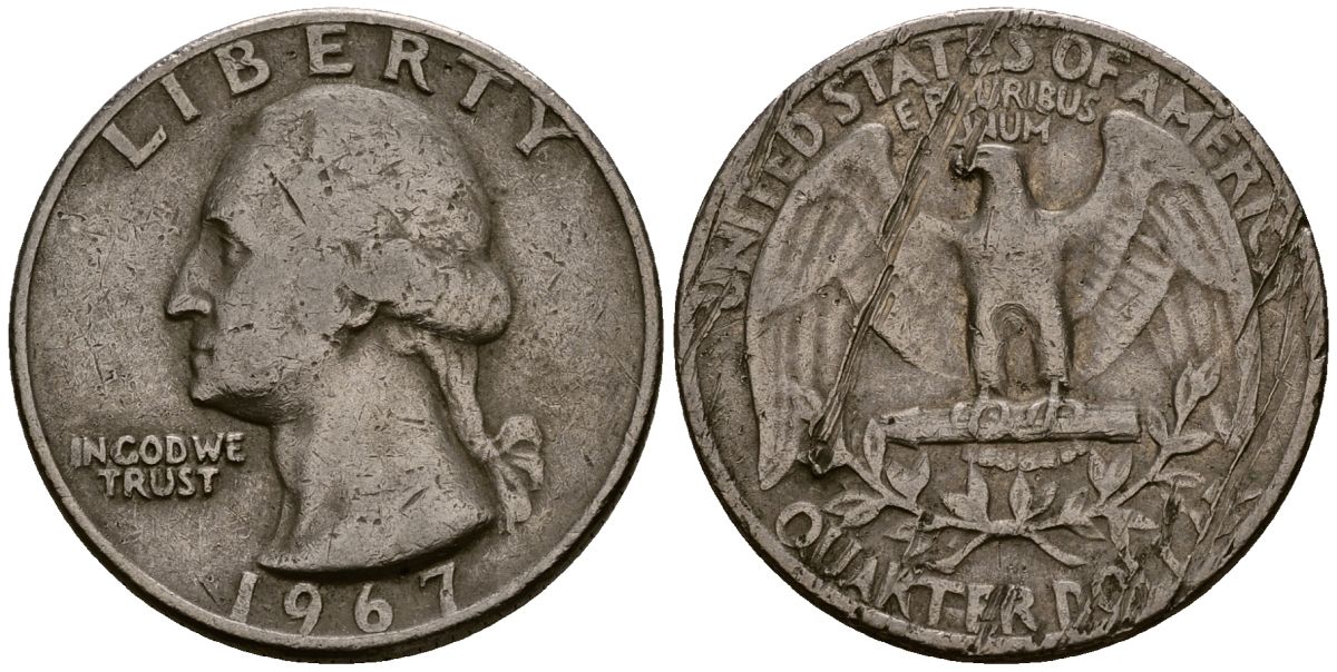 США 25 центов (квотер) 1967 Вашингтон KM 164a медь плакированная медно-никелем 4177-736