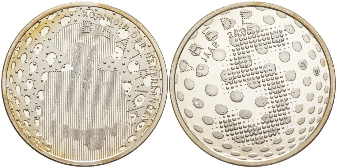 Нидерланды 5 евро 2005 60 лет окончания второй мировой войны, королева Беатрикс KM 254 серебро PROOF 01-345-22