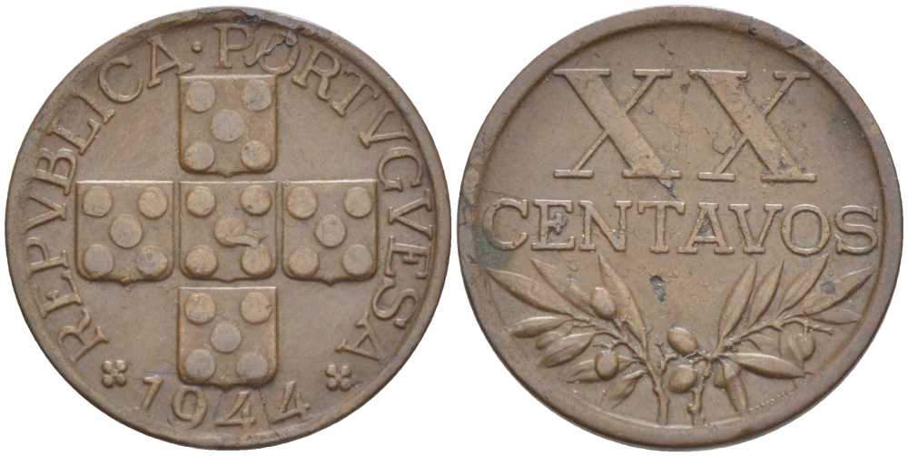 ПОРТУГАЛИЯ 20 СЕНТАВО 1944 KM 584 бронза 4391-343