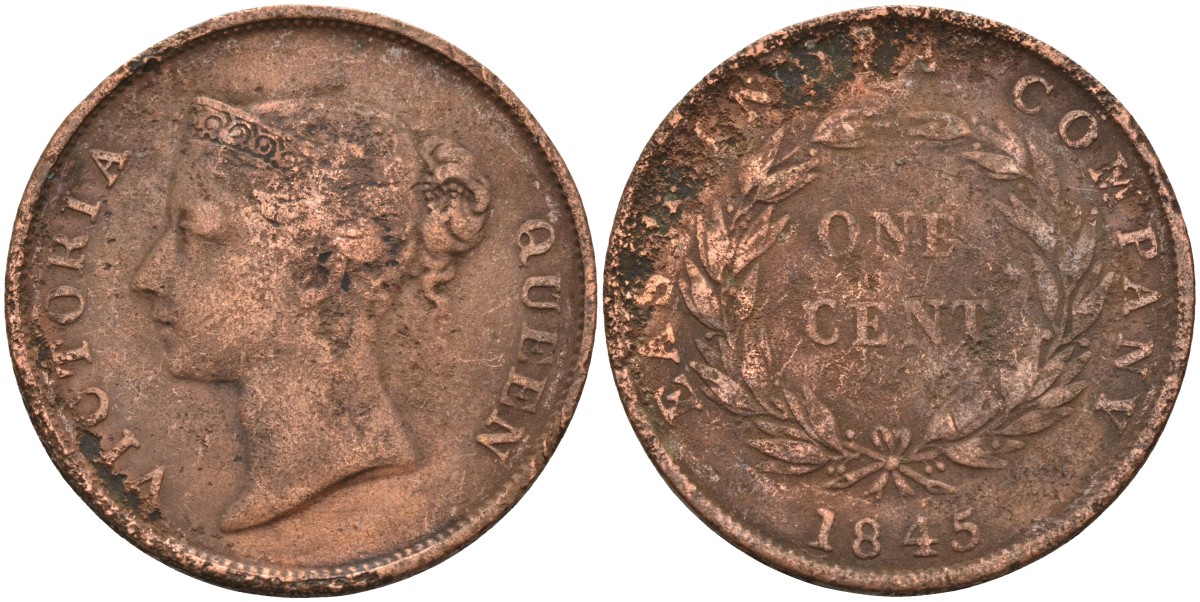 Стрейтс-Сетлментс 1 цент 1845 Виктория (1837-1901), Ост-Индская компания KM 3 медь 4590-213