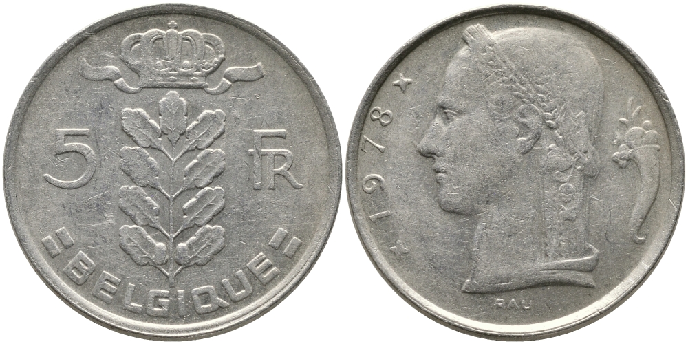 БЕЛЬГИЯ 5 ФРАНКОВ 1978 BELGIQUE KM 134.1 медно-никель 65-1147