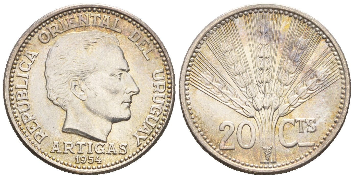 Уругвай 20 сентесимо 1954 Хосе Хервасио Артигас KM 36 серебро UNC 4609-668