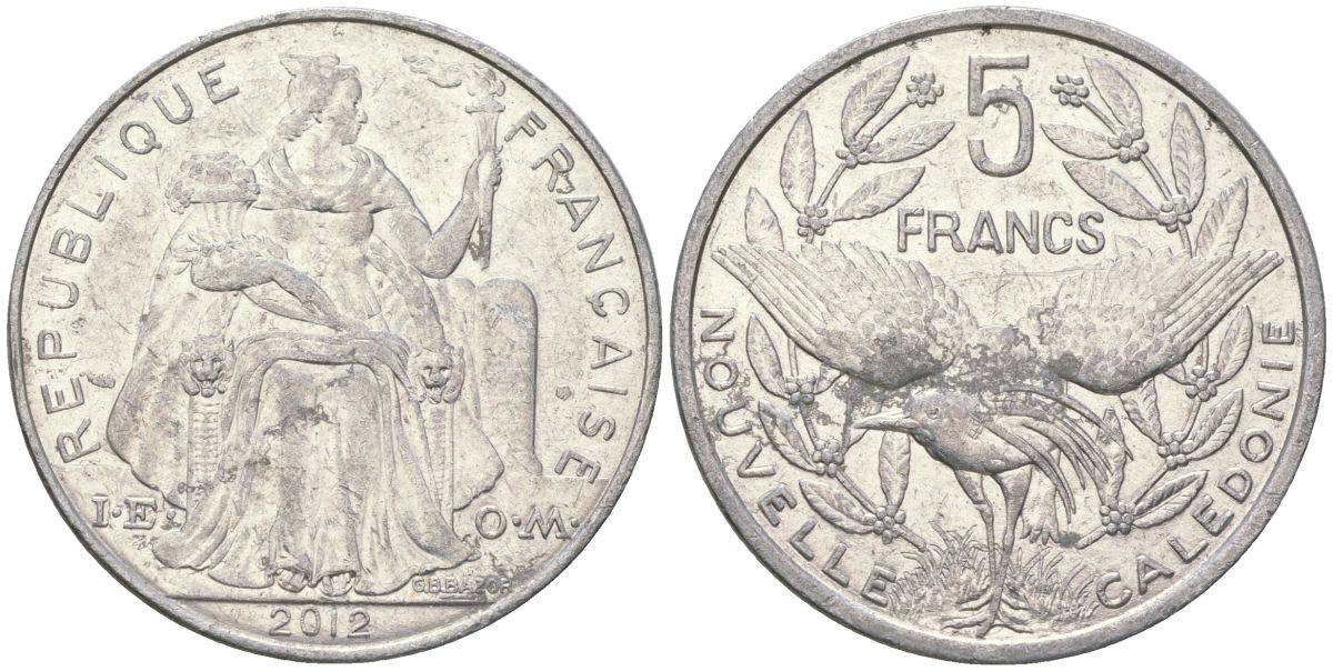 Французская Новая Каледония 5 франков 2012 птица кагу, (IEOM) KM 16, Schoen 12, Lec 81k алюминий 4111-1142