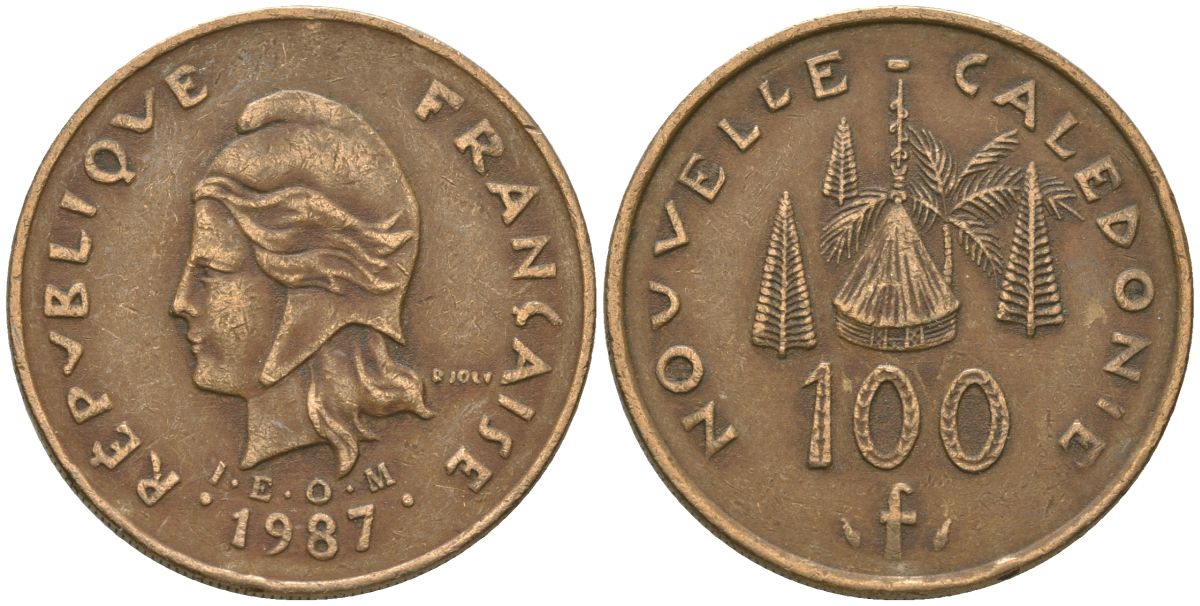 Французская Новая Каледония 100 франков 1987 хижина среди сосен и пальм, (IEOM) KM 15, Schoen 16, Lec 135 никель бронза 88-523