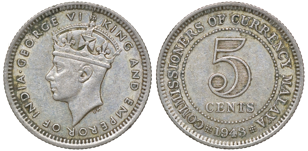 Британская Малайя 5 центов 1943 Георг VI (1937-1952) KM 3a серебро 53-137