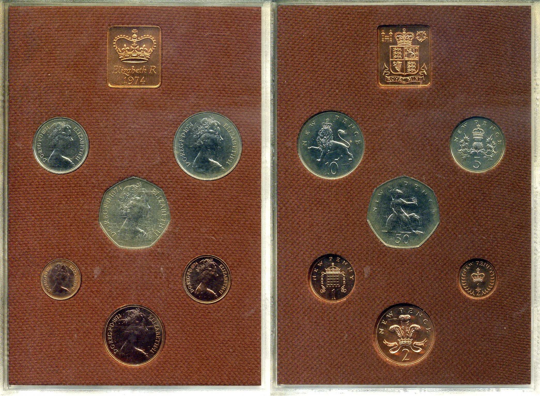 Великобритания официальный набор из 6 монет (1/2, 1, 2, 5, 10 и 50 пенсов) + жетон монетного двора 1974 в оригинальной пластиковой упаковке KM PS30 (911, 912, 913, 914, 915 и 916) PROOF 2-5-2-05
