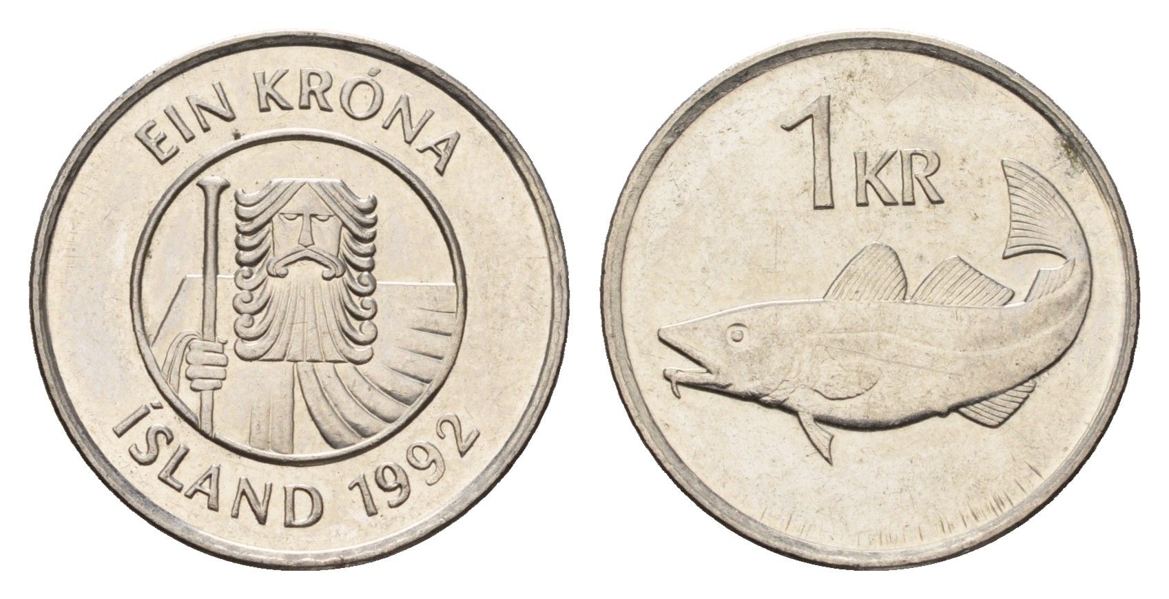Исландия 1 крона 1992 треска KM 27a сталь плакированная никелем UNC 4687-842