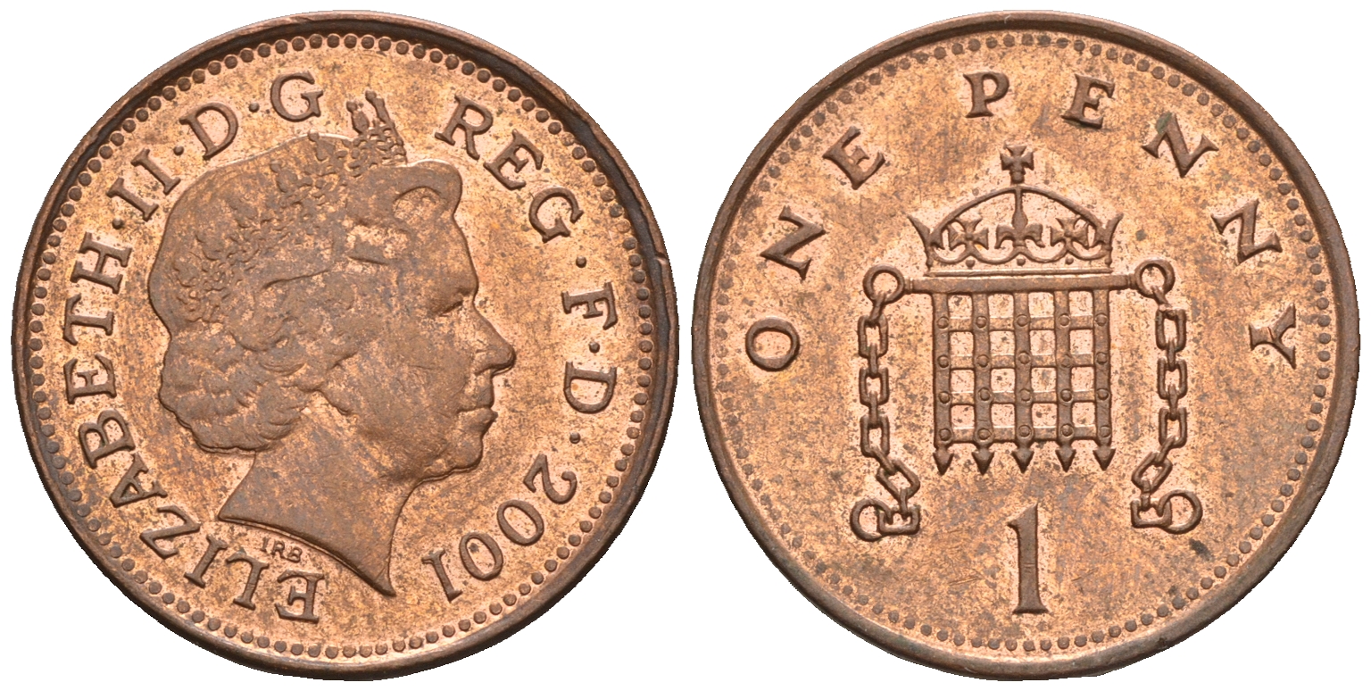 Великобритания 1 пенни 2001 Елизавета II (1952-2022) KM 986, Spink 4710 (B5) сталь плакированная медью 4609-557