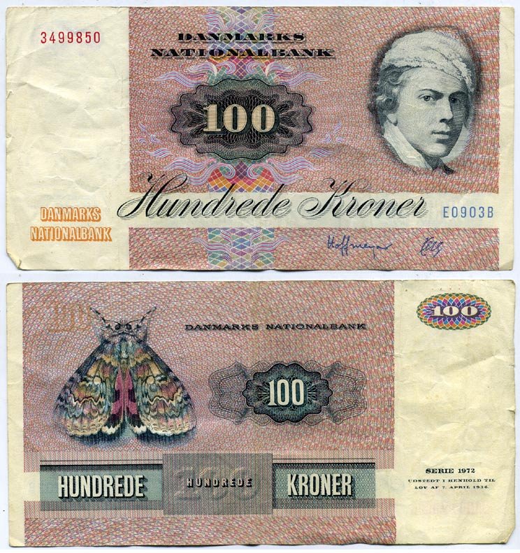 Дания 100 крон 1990 Йенс Юль, бабочка, Thomasen, Herly. Prefix E0 Pick 51 t бумага 7219-34-1-2