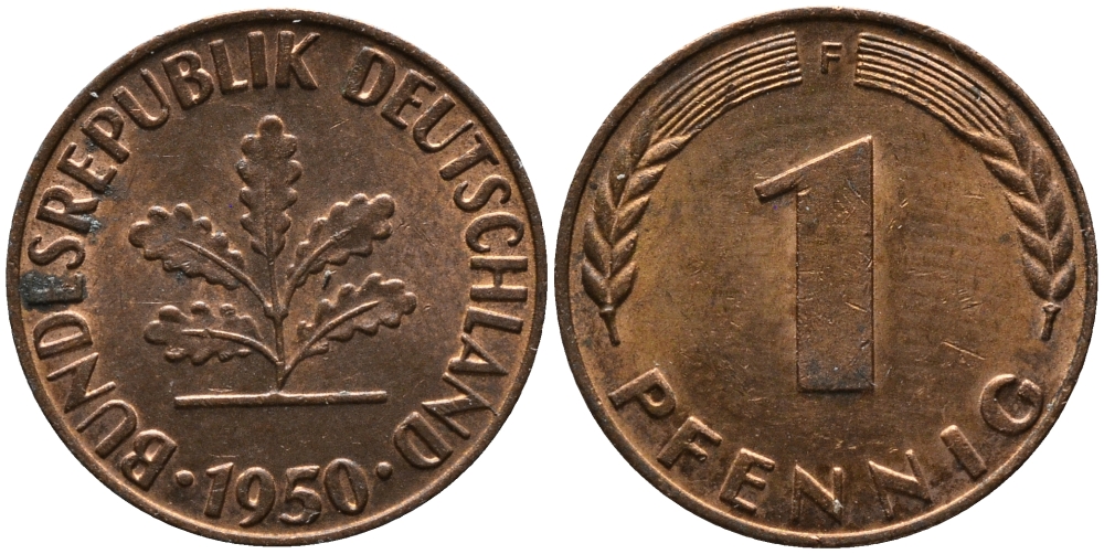 ФРГ 1 ПФЕННИГ 1950 F KM 105, J.380 сталь плакированная медью 96-1058