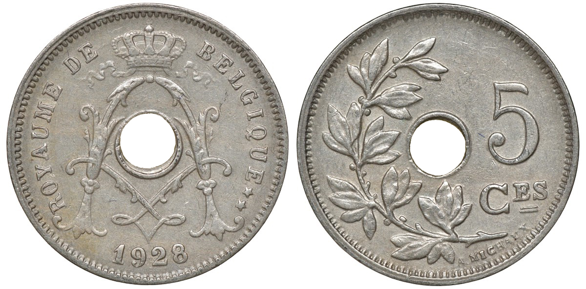 БЕЛЬГИЯ 5 САНТИМОВ 1928 BELGIQUE KM 66 медно-никель 72-1659