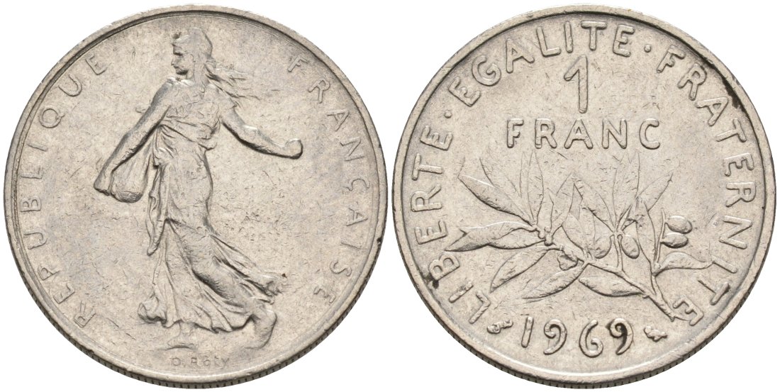 ФРАНЦИЯ 1 ФРАНК 1969 СЕЯТЕЛЬ KM 925.1, LE FRANC 226.14 никель 4573-1024