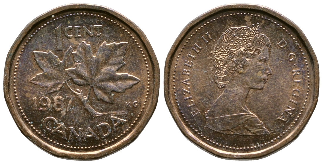 Канада 1 цент 1987 Елизавета II (1952-2022), кленовый лист KM 132 бронза 46-2657