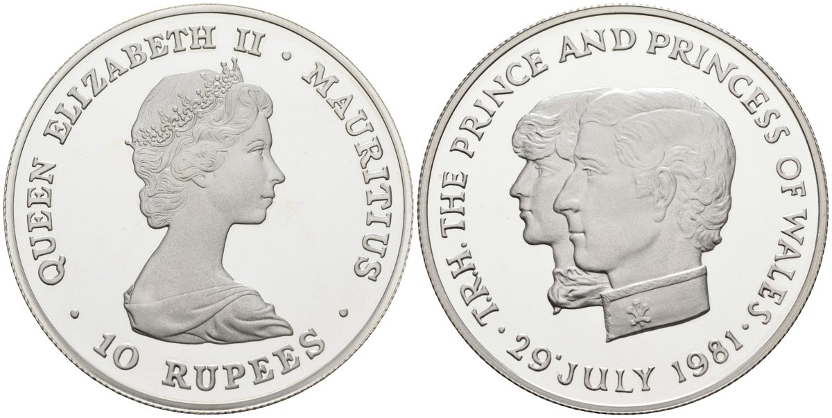 Маврикий 10 рупий 1981 королевская свадьба принца Чарльза и леди Дианы, 29 июля 1981, тираж 2090 экз. KM 46а серебро PROOF 00-00