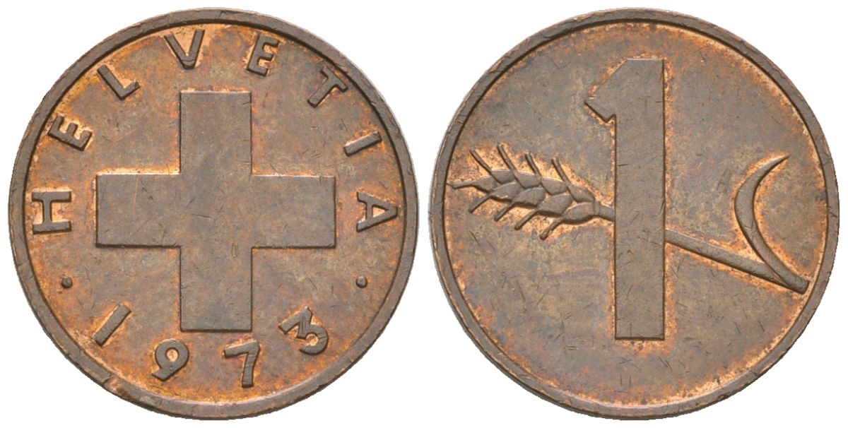 Швейцария 1 раппен 1973 KM 46 бронза aUNC 4115-1125