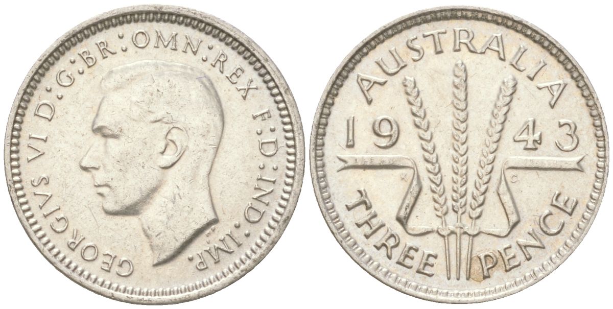 Австралия 3 пенса 1943 Георг V (1936-1952) KM 37 серебро 4621-1158