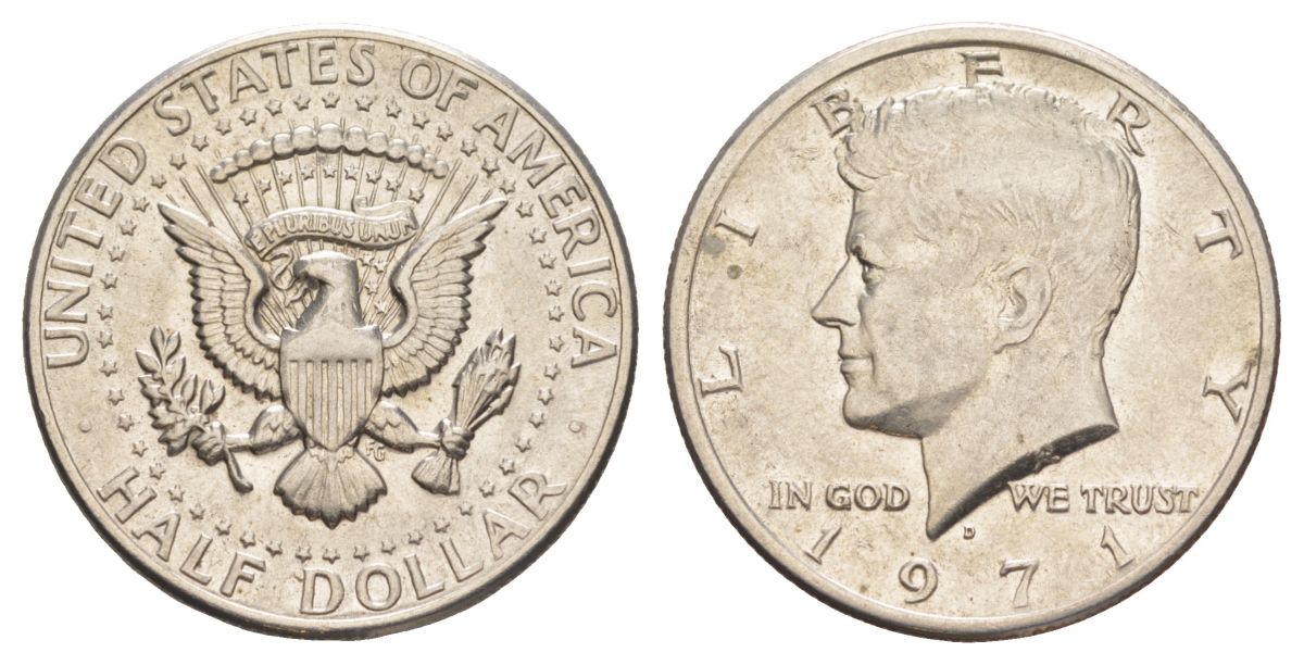 США 1/2 доллара (50 центов) 1971 D, Джон Кеннеди KM 202b медь плакированная медно-никелем aUNC 215-1231