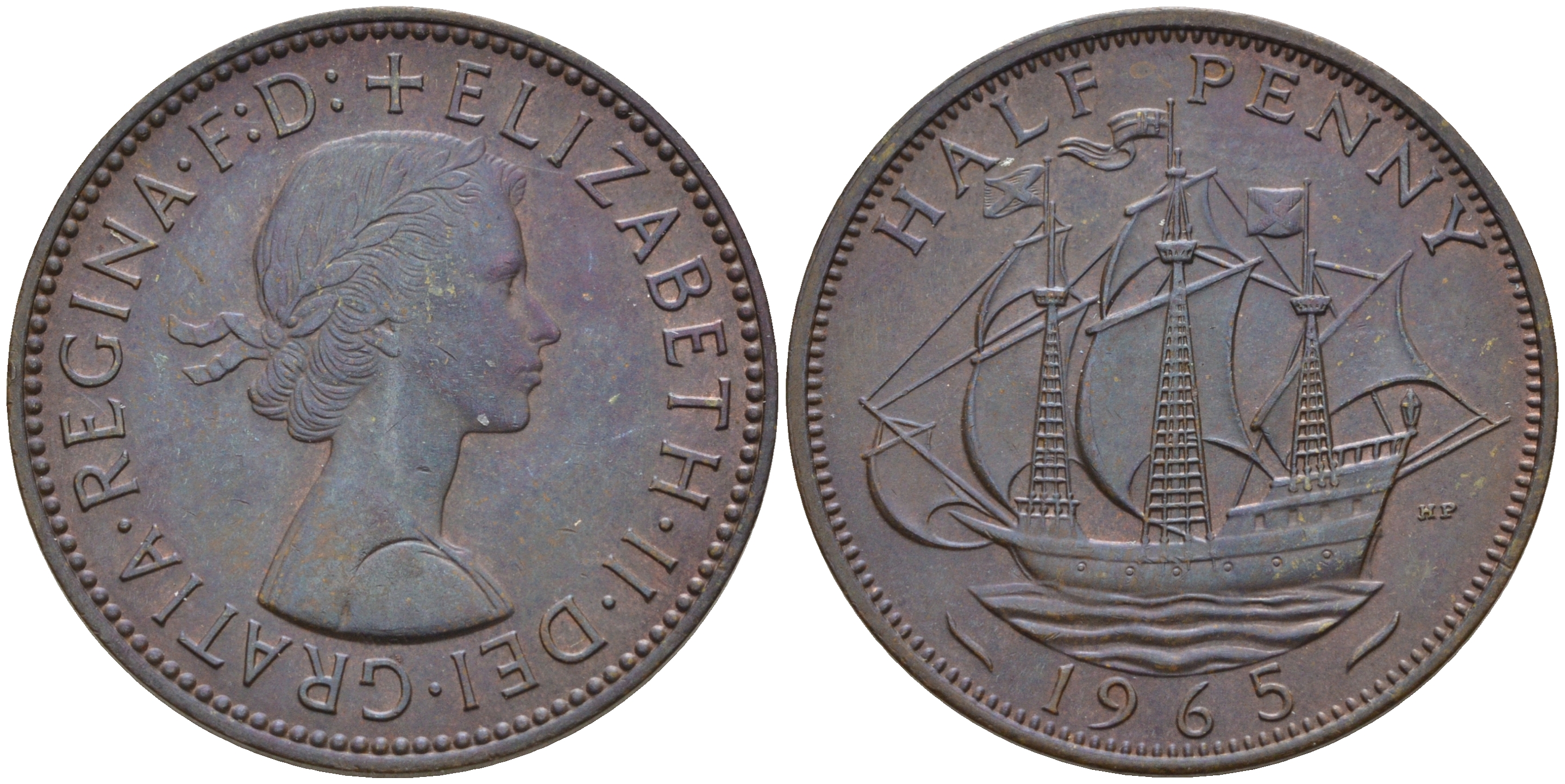 Великобритания 1/2 пенни 1965 Елизавета II (1952-2022) KM 896, Spink 4158 бронза 4592-432