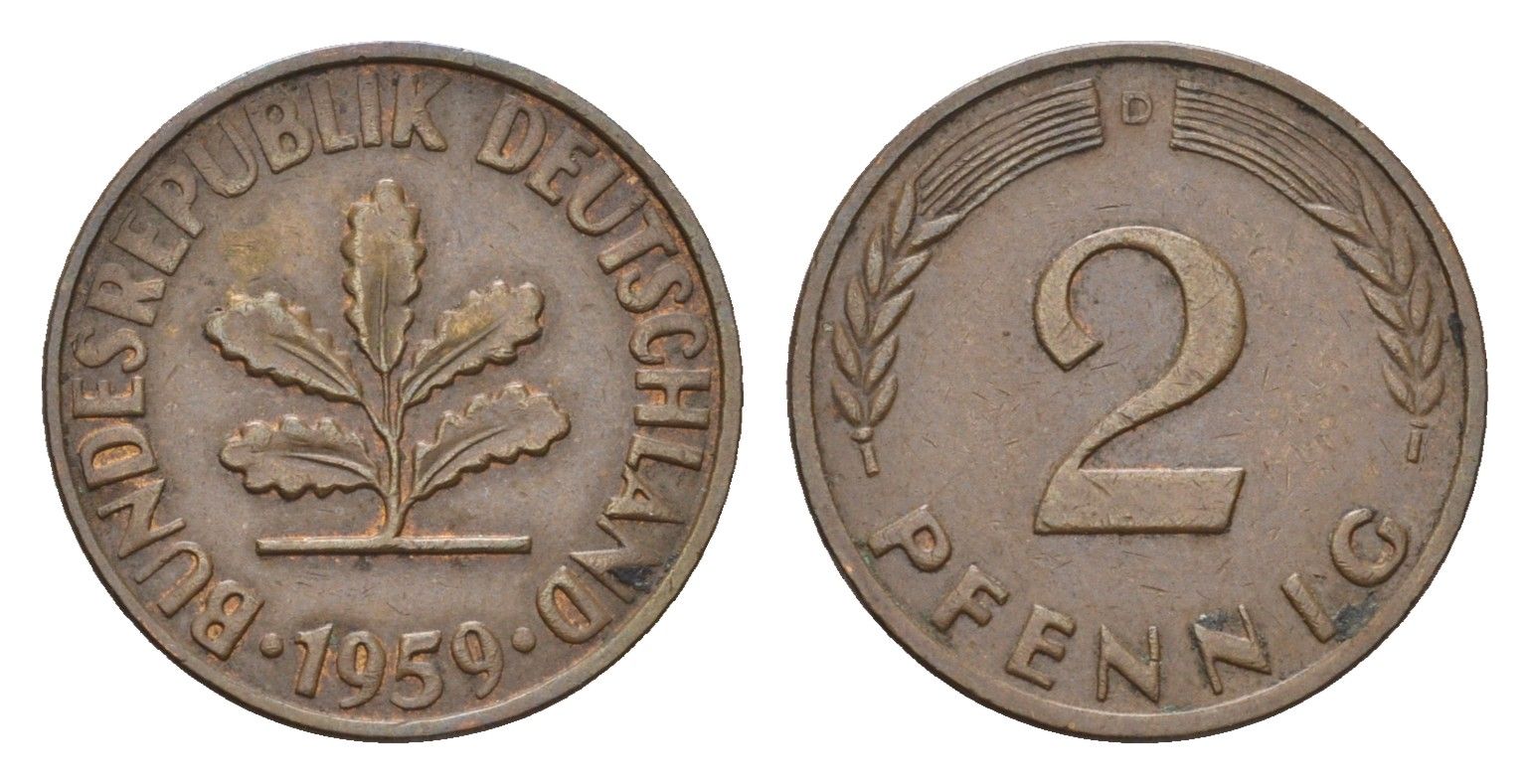 ФРГ 2 пфеннига 1959 D KM 106, J. 381 бронза 4528-341
