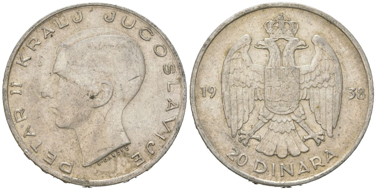 Югославия 20 динаров 1938 Петр II (1934-1945) KM 23 серебро 4182-411