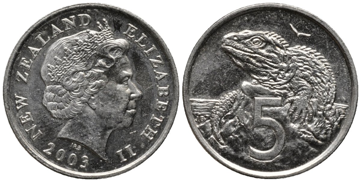 Новая Зеландия 5 центов 2003 ящерица гаттерия, Елизавета II (1952-) KM 116 медно-никель 188-1246