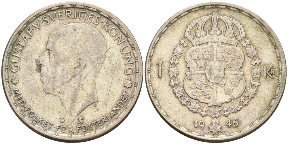 Швеция 1 крона 1946 TS, Густав V (1907-1950) KM 814 серебро 3457-823