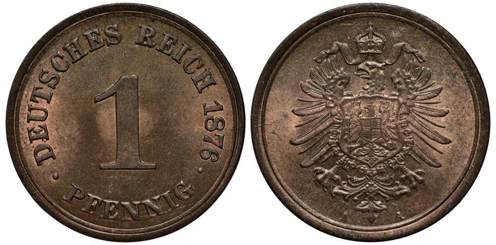 Германия 1 пфенниг 1876 A, СТАРОГЕРБОВКА KM 1, J. 1 медь aUNC 00-00