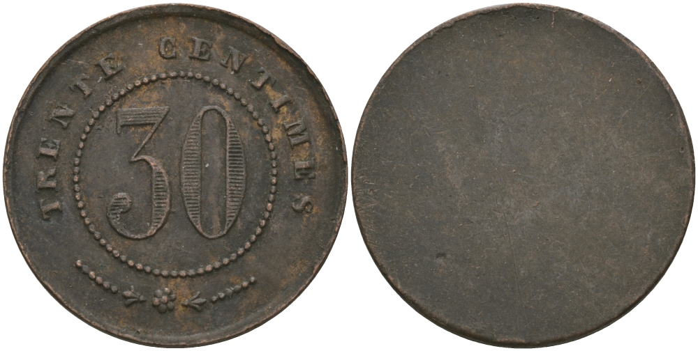 ФРАНЦИЯ 30 САНТИМОВ ND ПЛАТЕЖНЫЙ ЖЕТОН НАЧАЛА XX ВЕКА, НА АВЕРСЕ НОМИНАЛ ЦИФРАМИ И ПРОПИСЬЮ, ОДНОСТОРОННИЙ ЧЕКАН, ДИАМЕТР 24 ММ. бронза 65-354