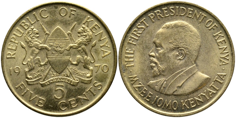 Кения 5 центов 1970 Джомо Кениата KM 10 никель латунь 4529-943