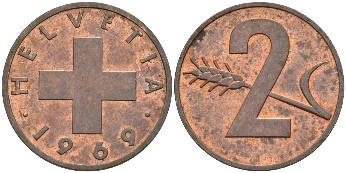 Швейцария 2 раппена 1969 KM 47 бронза 4543-1216