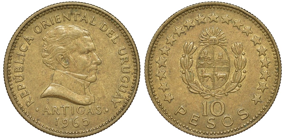 Уругвай 10 песо 1965 KM 48 алюминиевая бронза 4574-711