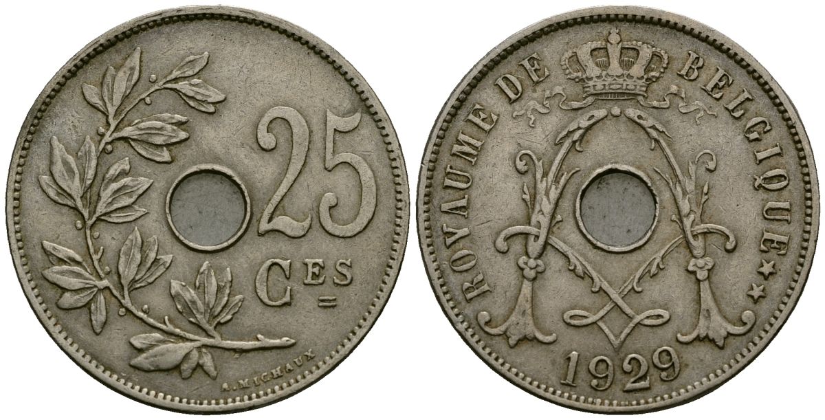 Бельгия 25 сантимов 1929 Belgique KM 68 медно-никель 4165-615