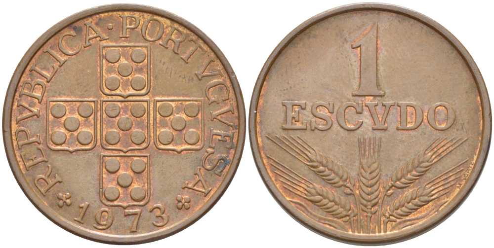 Португалия 1 эскудо 1973 KM 597 бронза 213-235
