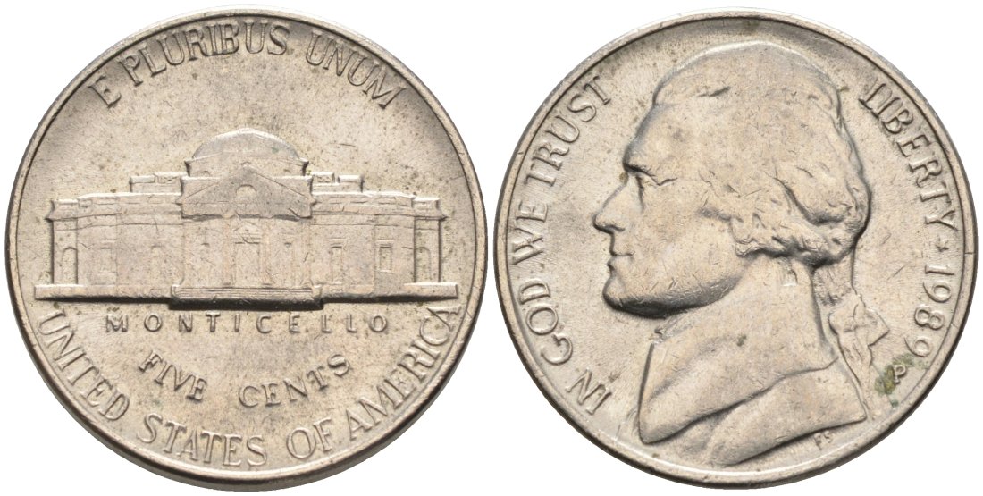 США 5 центов 1989 P, Джеферсон КМ А192 медно-никель 4573-145