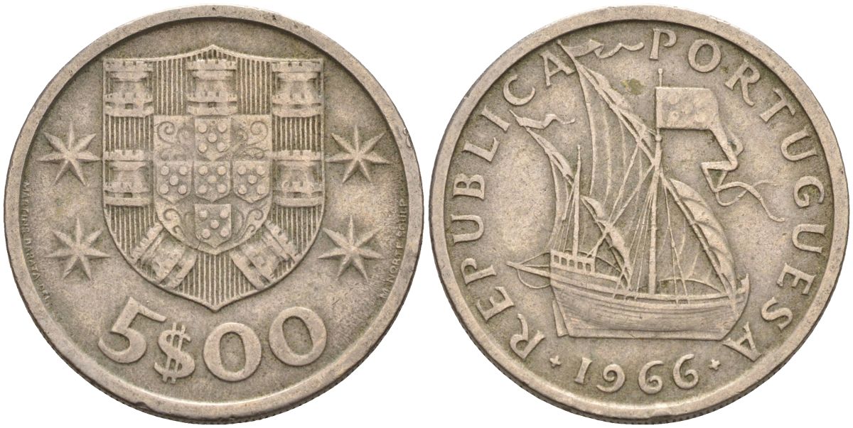 Португалия 5 эскудо 1966 парусник KM 591 медно-никель 4126-617
