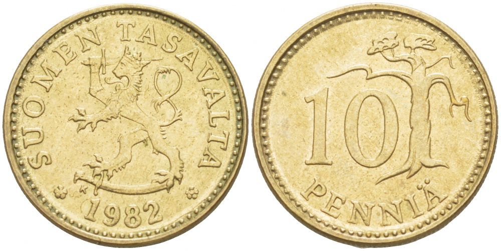ФИНЛЯНДИЯ 10 ПЕННИ 1982 K KM 46 алюминиевая бронза 3718-139