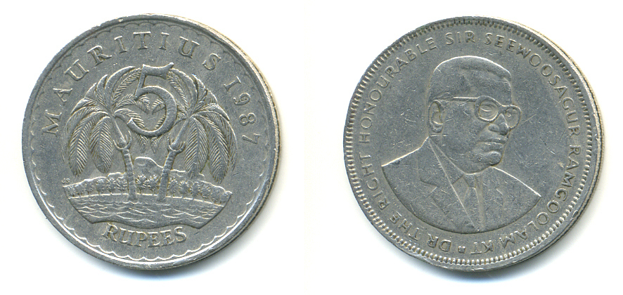 Маврикий 5 рупий 1987 Сивусагур Рамгулам KM 56 медно-никель 179-112