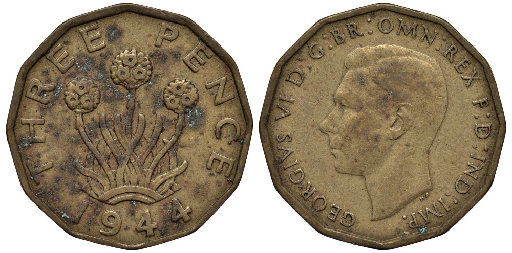 Великобритания 3 пенса 1944 Георг VI (1936-1952) KM 849, Spink 4112 никель латунь 4538-1121