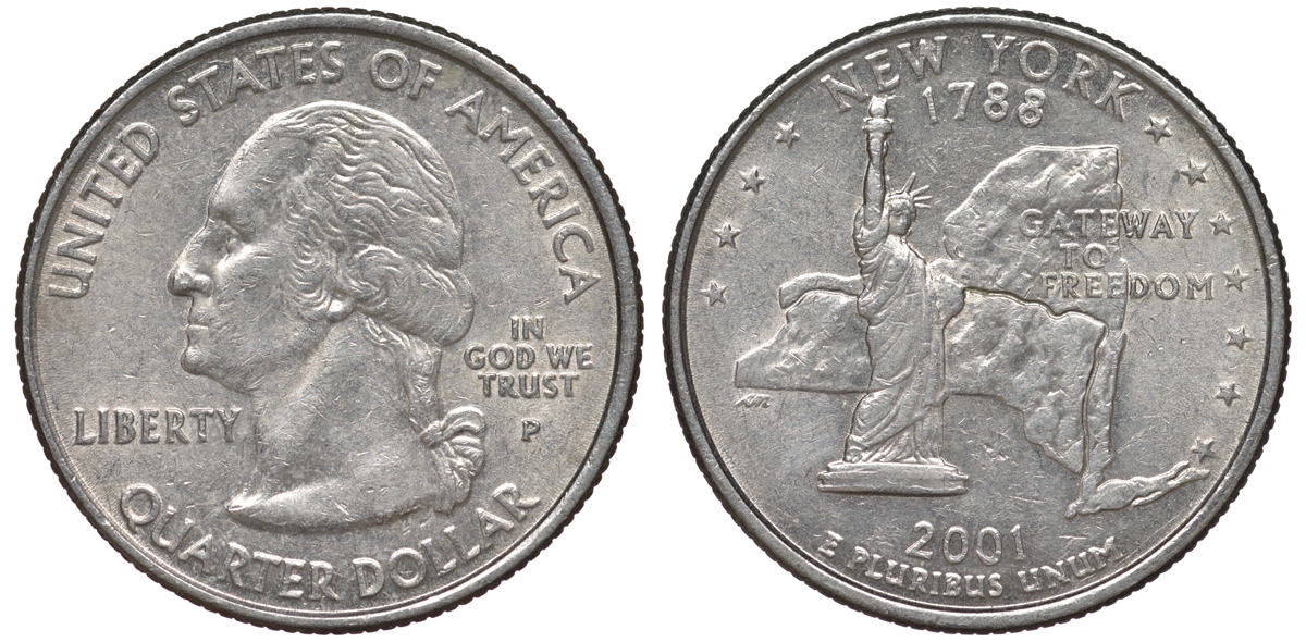 США 25 центов = квотер 2001 Р, серия штаты США, Нью-Йорк KM 318 медь плакированная медно-никелем 4541-414