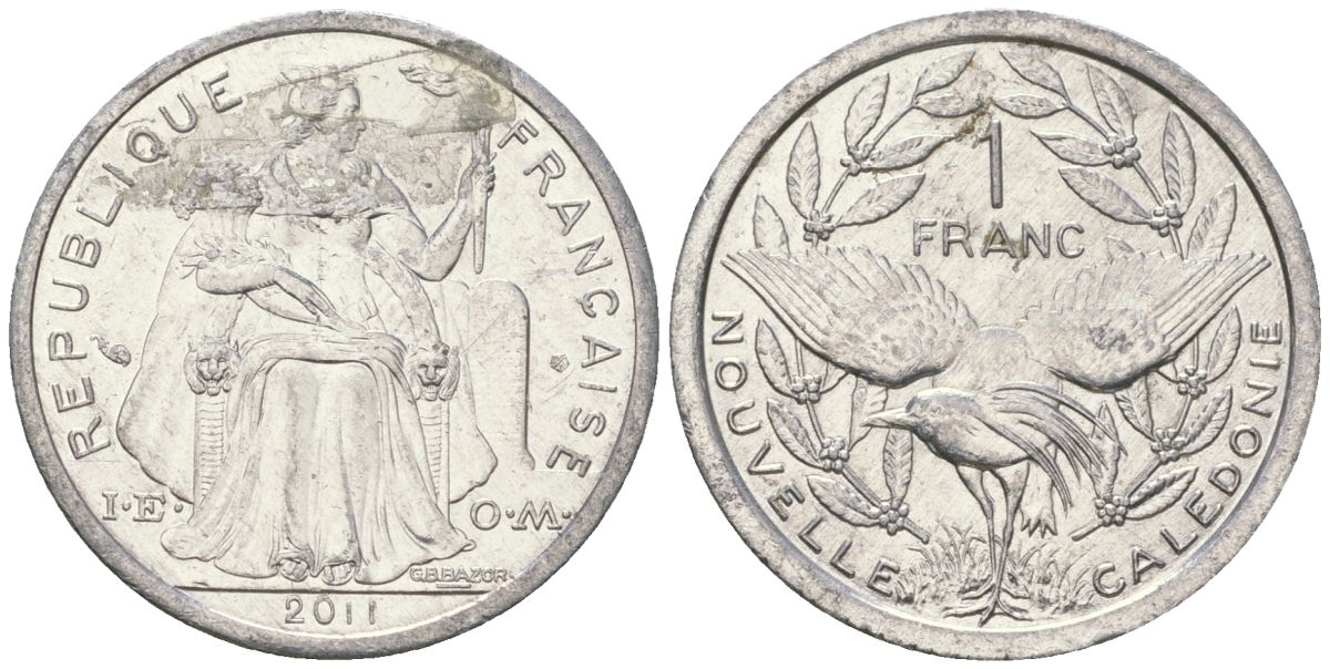 Французская Новая Каледония 1 франк 2011 птица кагу, (IEOM) KM 10, Schoen 10 алюминий 36-424