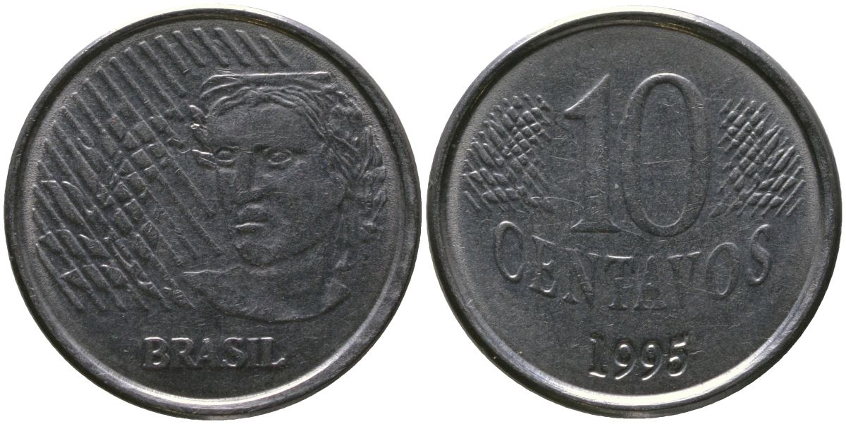 Бразилия 10 сентаво 1995 KM 633, Schon 142 нержавеющая сталь 4519-812