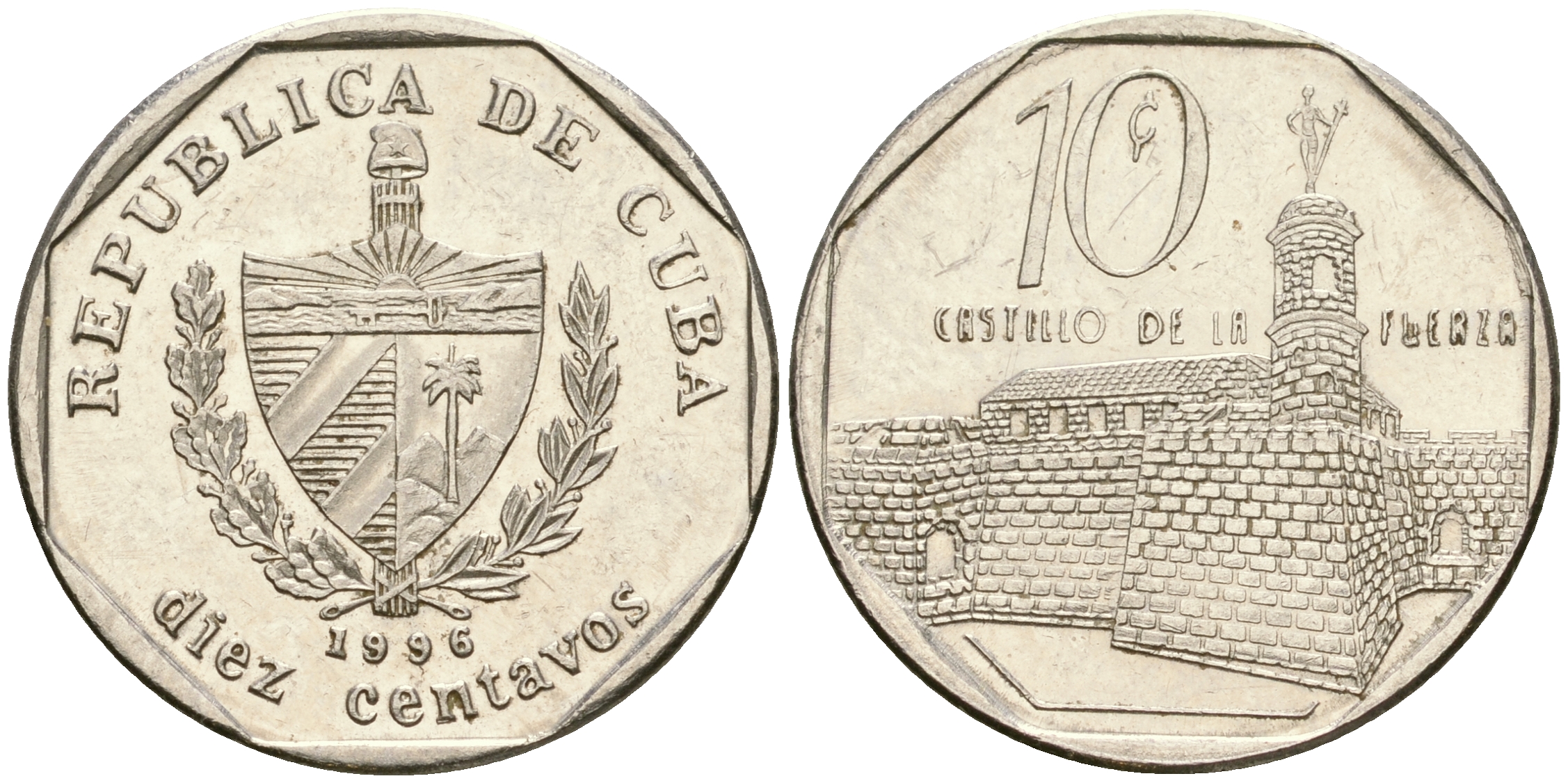 Куба 10 сентаво 1996 форт в Гаване Ла-Фуэрса KM 576.2 сталь плакированная никелем 4364-1537