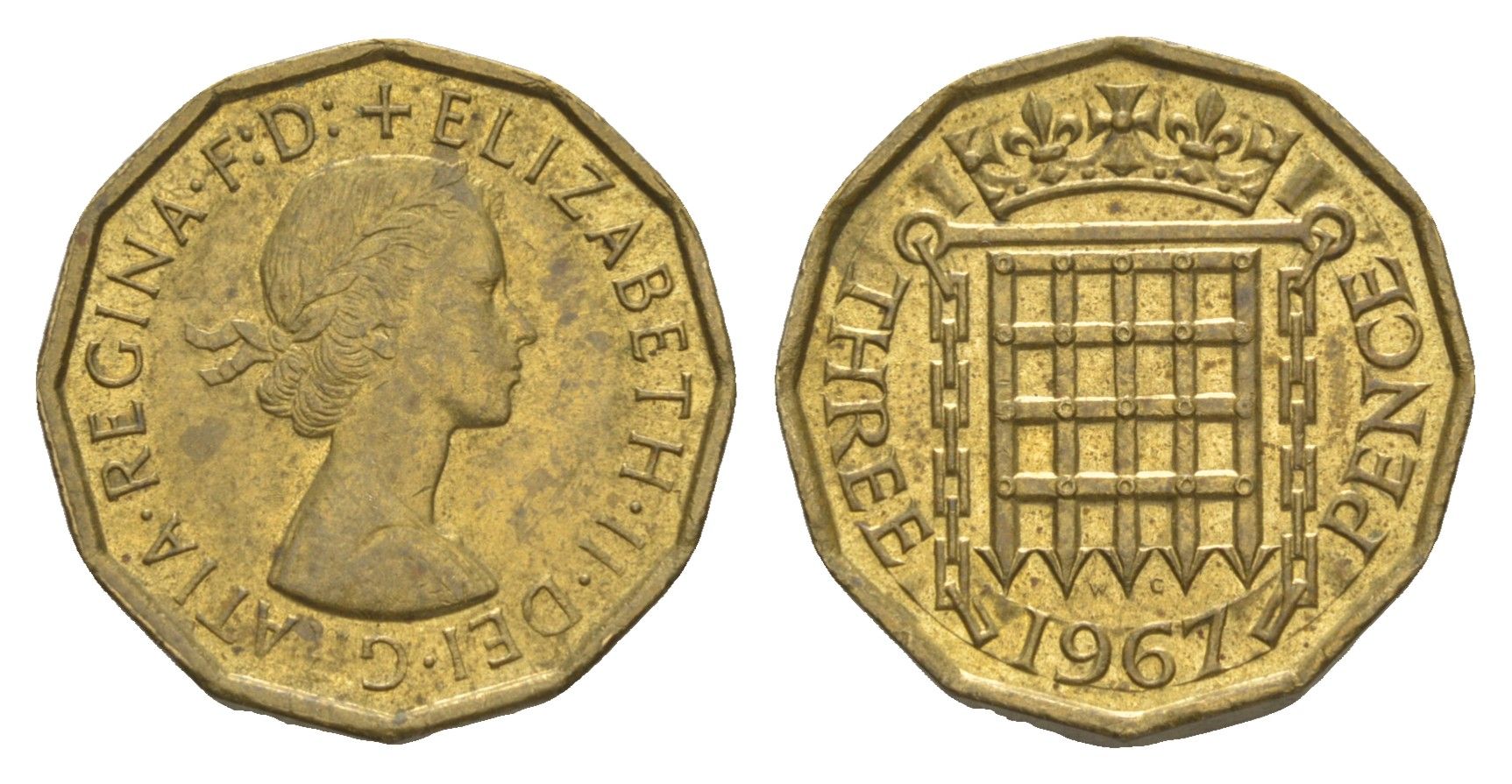 Великобритания 3 пенса 1967 Елизавета II (1952-2022) KM 900, Spink 4153 никель латунь 4153-1136