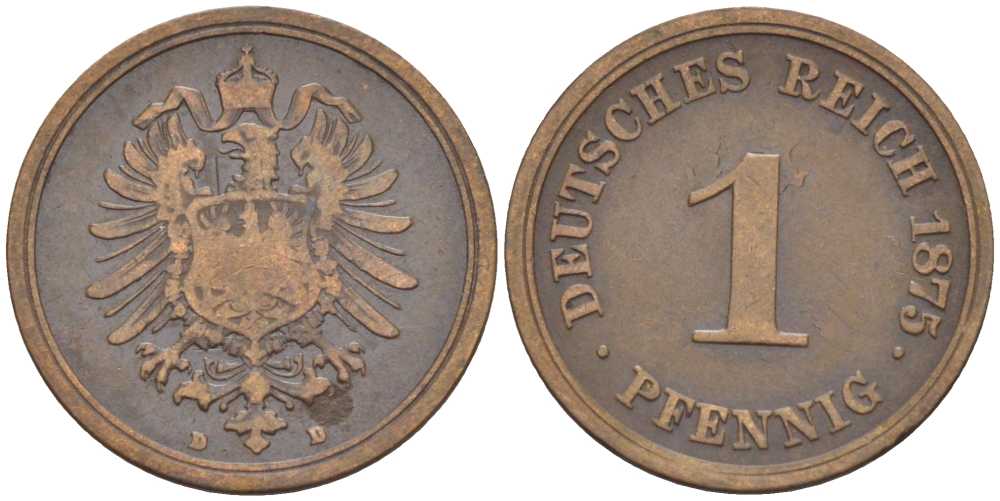ГЕРМАНИЯ 1 ПФЕННИГ 1875 D, СТАРОГЕРБОВКА KM 1, J. 1, Weege 1 медь 206-1035
