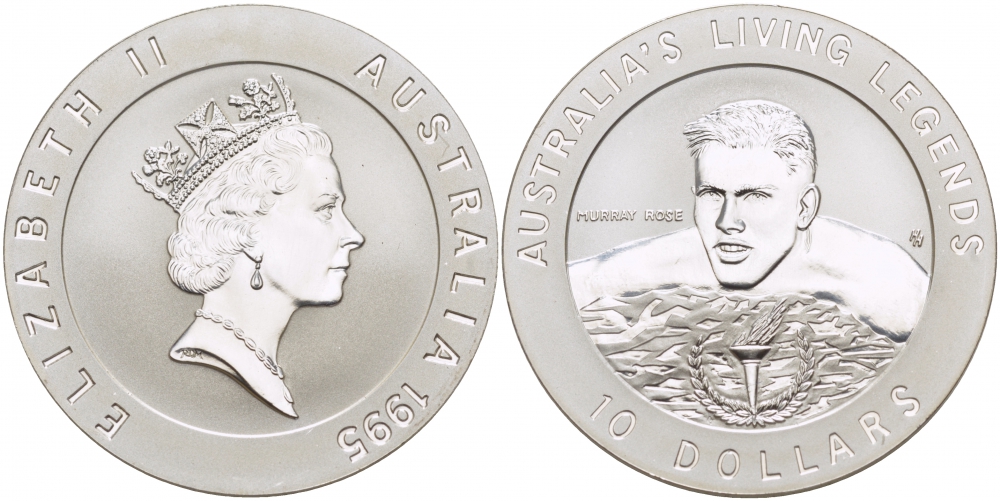 Австралия 10 долларов 1995 Олимпийское золото Австралии, Маррей Роуз KM 302 серебро PROOF 1082-8-53