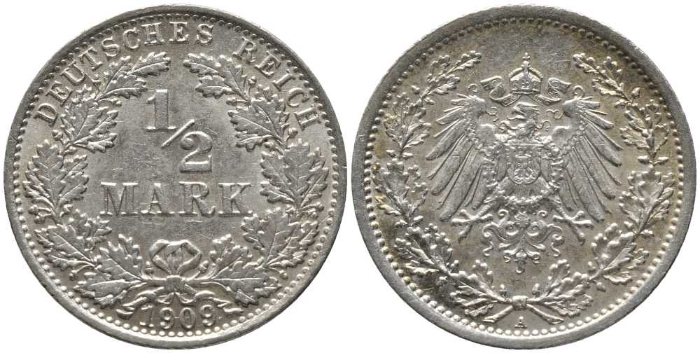 ГЕРМАНИЯ 1/2 МАРКИ 1909 A KM 17, J. 16, Weege 16 серебро 4448-825