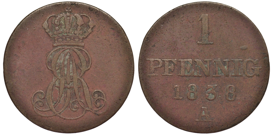 Ганновер 1 пфенниг 1838 A, Эрнст Август (1837-1851) KM 173.1, AKS 126, J. 54 медь 75-815