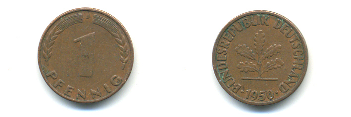 ФРГ 1 ПФЕННИГ 1950 J KM 105, J.380 сталь плакированная медью 176-653