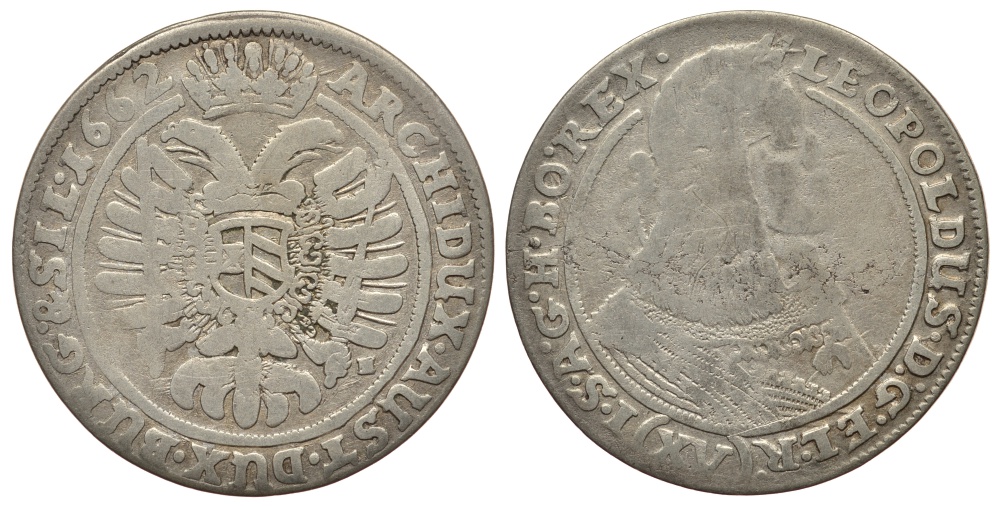 Австрия, Священная Римская империя 15 крейцеров 1662 GH, монетный двор Бреслау, Леопольд I (1658-1705) KM 1143 серебро 413-323